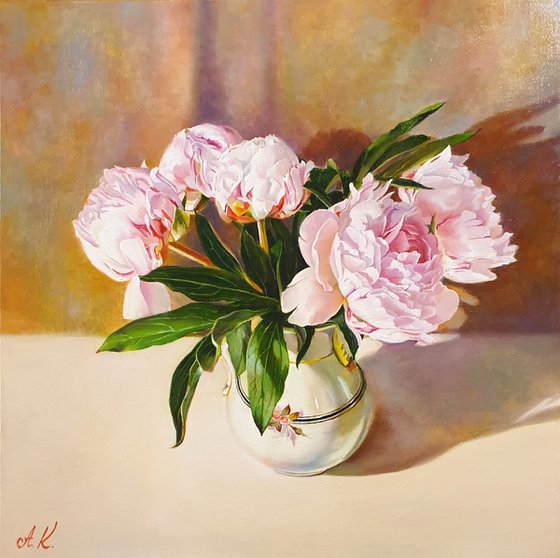 "Evening peonies." still life peony old vase summer  liGHt original painting  GIFT (2020)