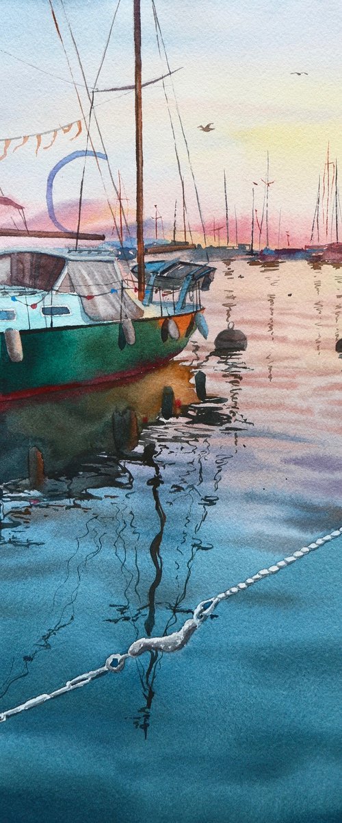 Reflections of yachts at sea. Sunset at the pier. Original watercolor painting. by Evgeniya Mokeeva