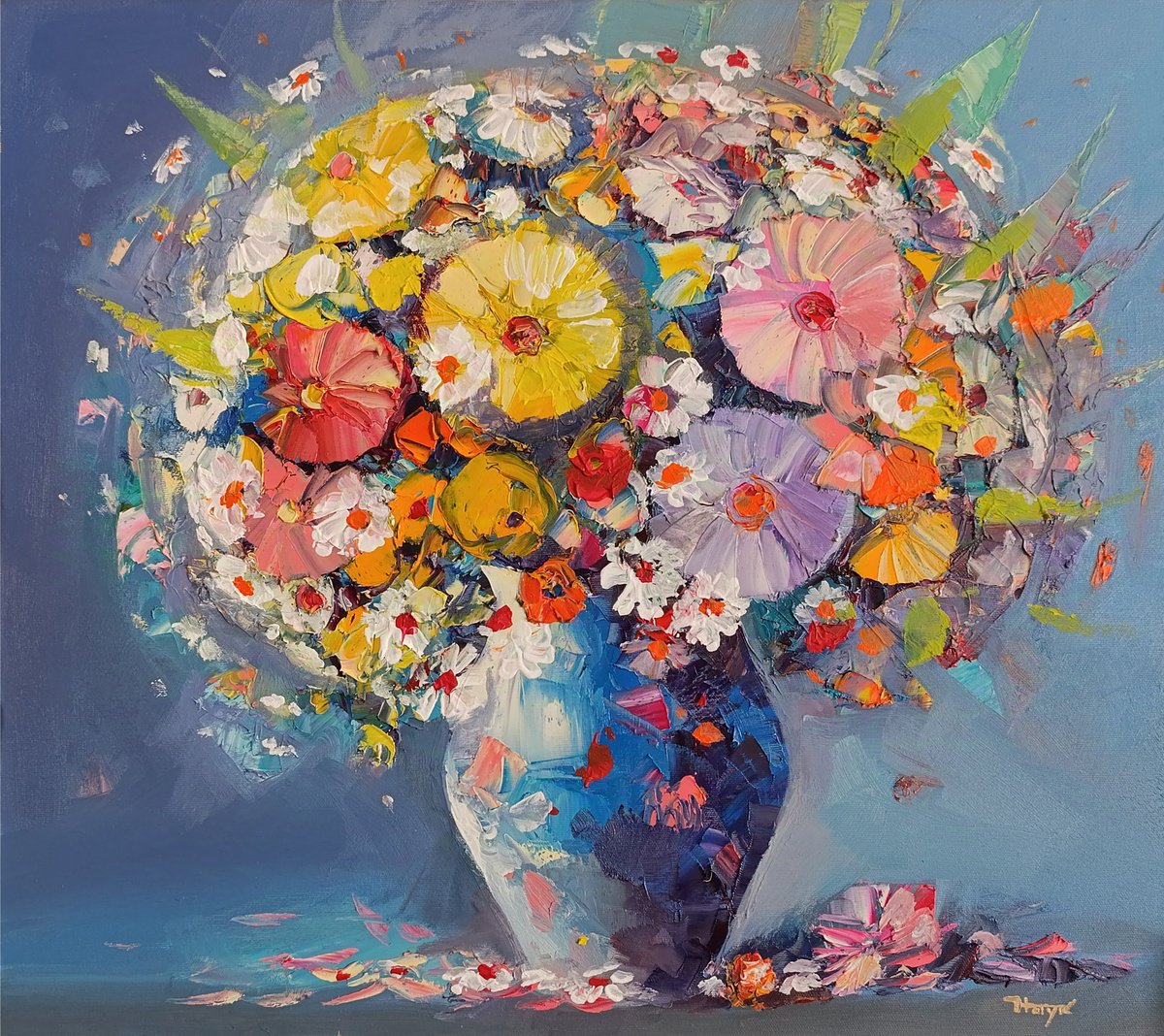 Impressionistic Botanical Oil Painting By Hayk Miqayelyan, 28 X 24, Spring Colorful Bouquet, Original Artwork