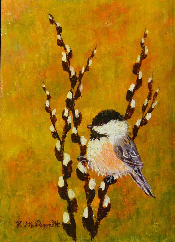 Chickadee # 22 - acrylic on 5X7 canvas - varnished and framed (SOLD)
