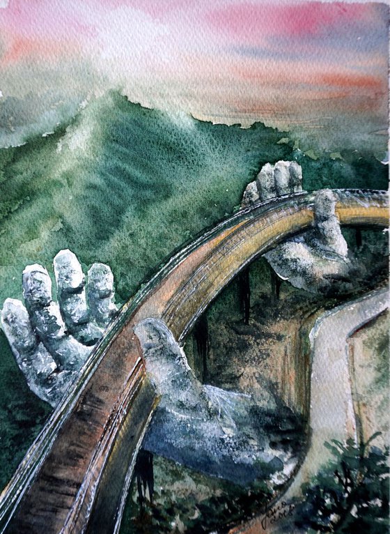 Golden Bridge in Da Nang Vietnam - ORIGINAL Watercolor Painting - Landscape Art