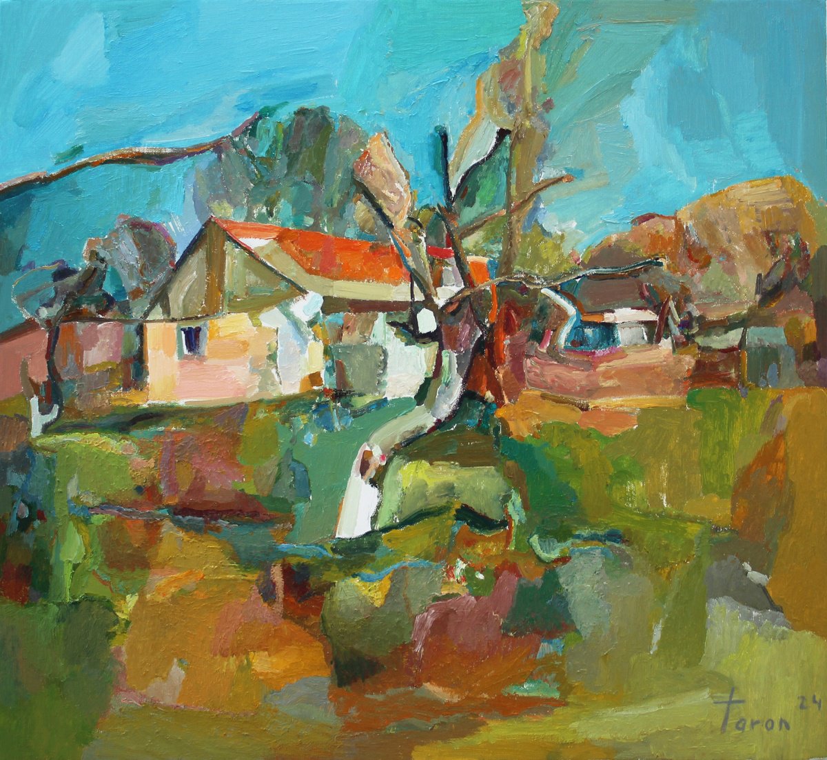 Abstract Landscape Oil Painting By Taron Khachatryan, 24 X 22", House With Orange Roof, Original Artwork