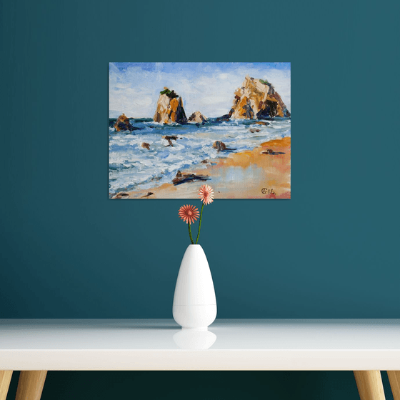 Atlantic cost. Portugal. Study. Original oil painting. Small size portugal beach rocks yellow blue nature landscape impressionism decor interior