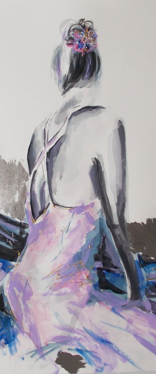 Grey and Purple- Mixed Media  Woman  Painting on Paper by Antigoni Tziora
