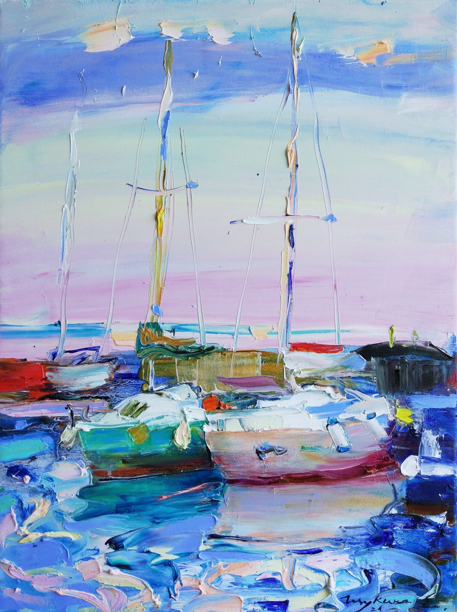 Yachts. ?olors of the sea. Original oil painting by Helen Shukina