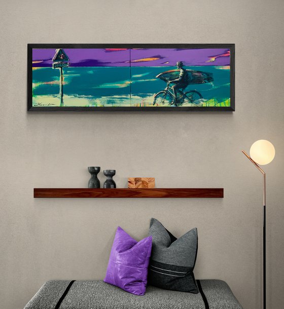 Bright painting - "SURF - 1 km" - Pop art - Surfing - Bike - Seascape - Sunset