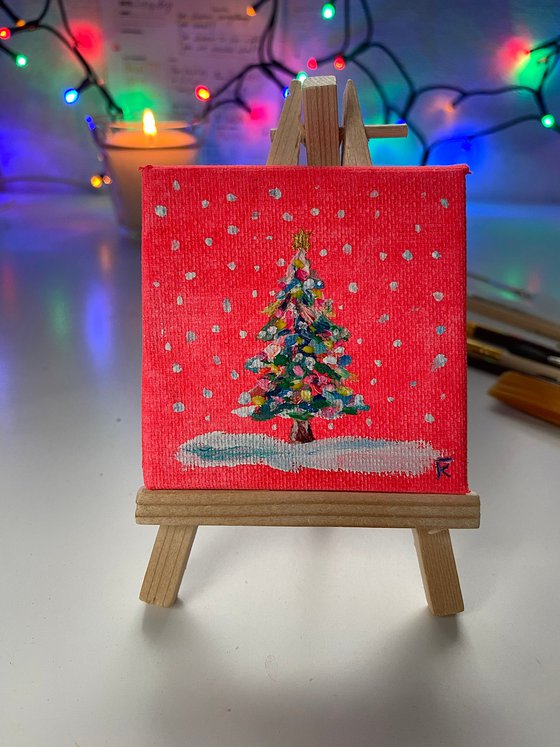 Christmas tree original mini acrylic painting on canvas, New Year pine tree picture on easel
