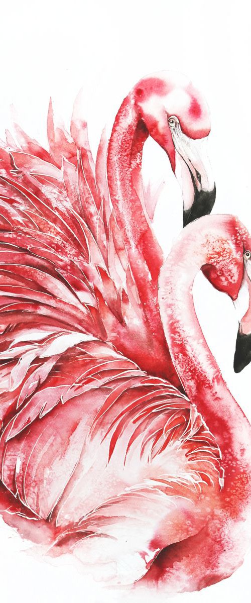 Couple of Pink Flamingo, wildlife, birds, animals original painting by Karolina Kijak