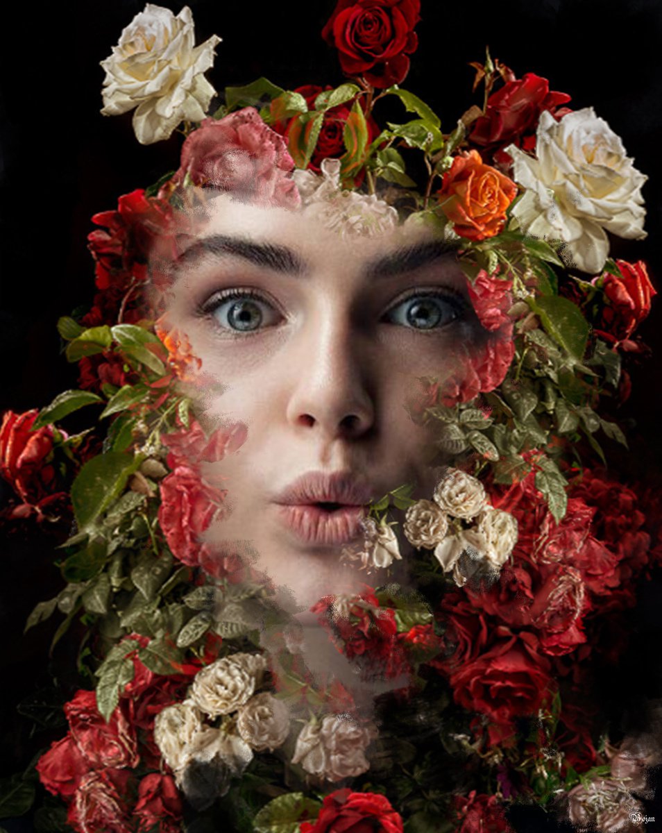 Illustrative Portrait Photograph By Bojan Jevtic, 34 X 43, Kiss Flowers, Original Artwork