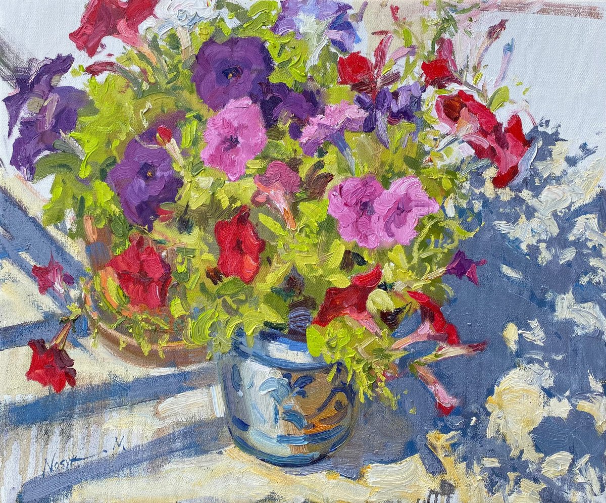 Impressionistic Botanical Oil Painting By Nataliia Nosyk, 24 X 20", Colorful Petunias, Original Artwork