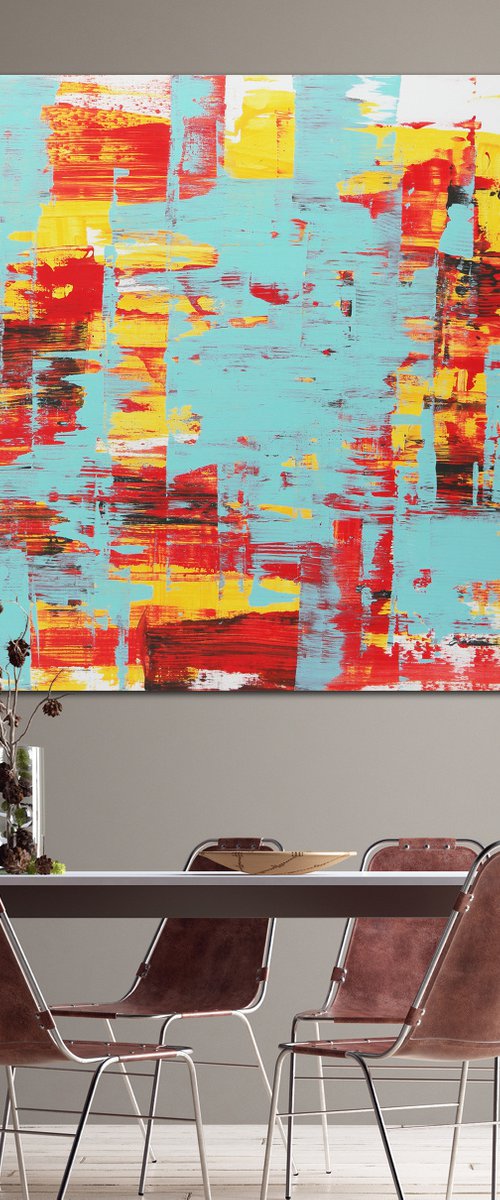 XL Abstract Painting - Static in Red & Turquoise - 120x120 cm - Ronald Hunter - 13J by Ronald Hunter