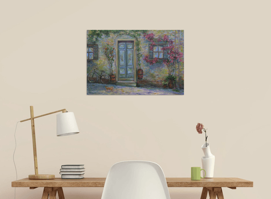 Original Oil Painting of Italian Countryside Tuscan Village House Rural Street under the Sun with a Cat Pet Cityscape Multicolor Fineart