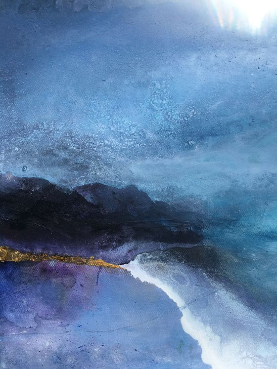"Sapphire sky" abstract seascape dreamy atmospheric  mountains blue turquoise and gold leaf