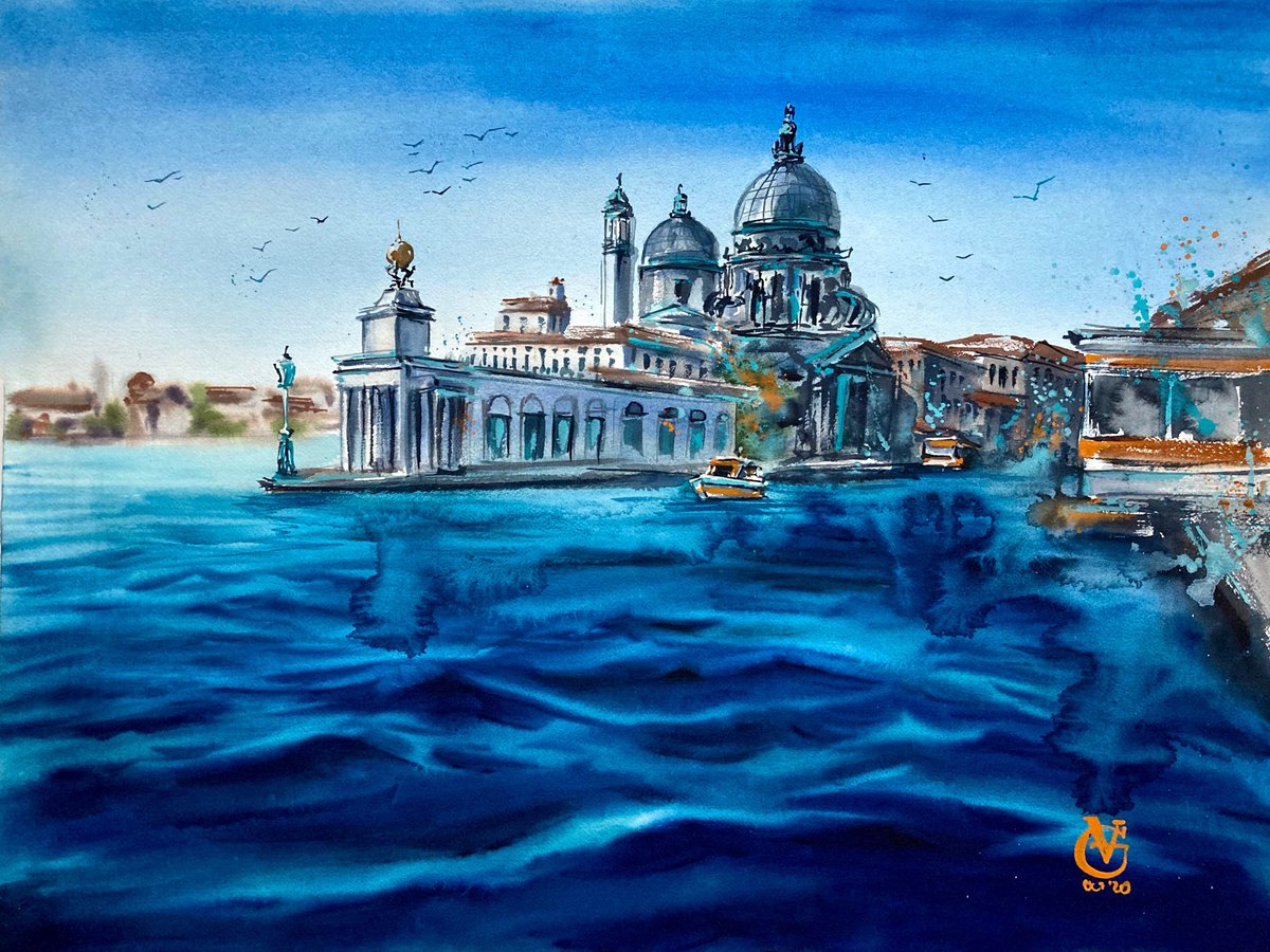 Impressionistic Landscape Watercolour By Valeria Golovenkina, 30 X 22", Grand Canal, Original Artwork