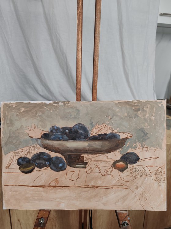 Plums, rosemary and drapery