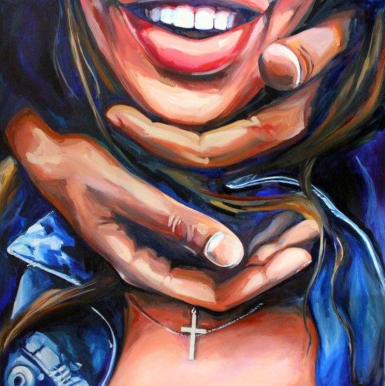 I WANT YOU TO SMILE - oil painting hands smile woman lips blue jeans home decor office decor pop art oil on canvas