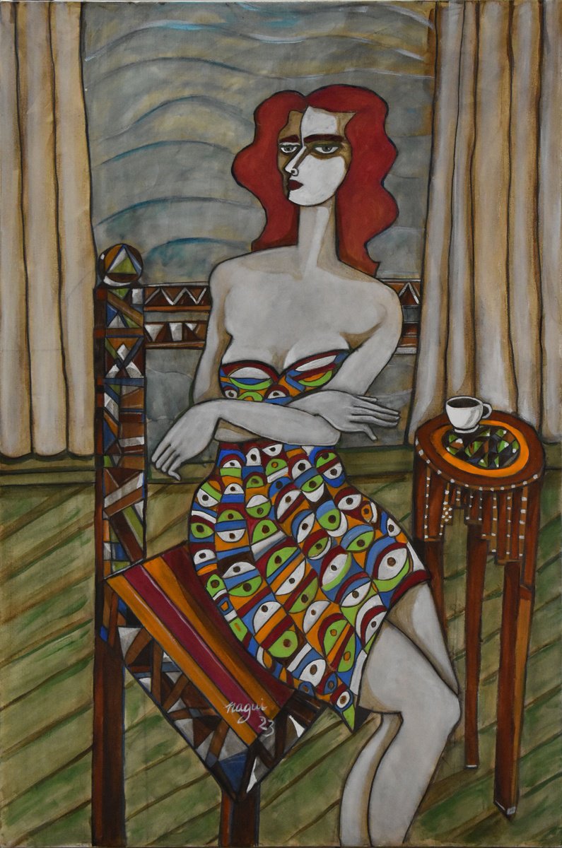 Expressive Portrait Acrylic Painting By Nagui, 24 X 36", Cafe, Original Artwork