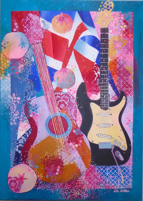 Guitars with flag and pomegranates by Liz Allen