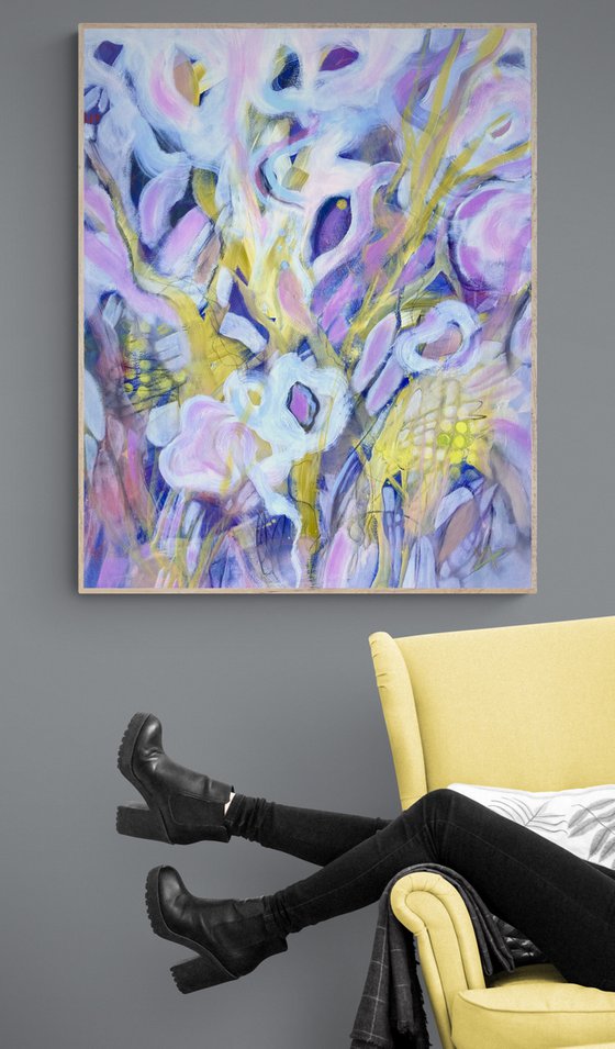 21- large format acrylic painting, pink yellow, abstract bouquet flowers, birthday, for her