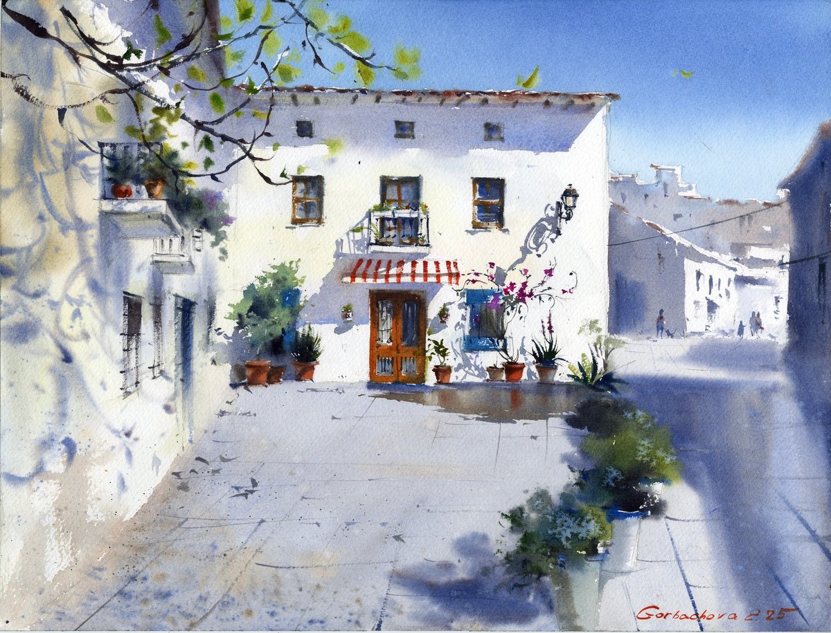 Impressionistic Cityscapes Watercolour By Eugenia Gorbacheva, 16 X 12, Spanish Afternoon, Original Artwork