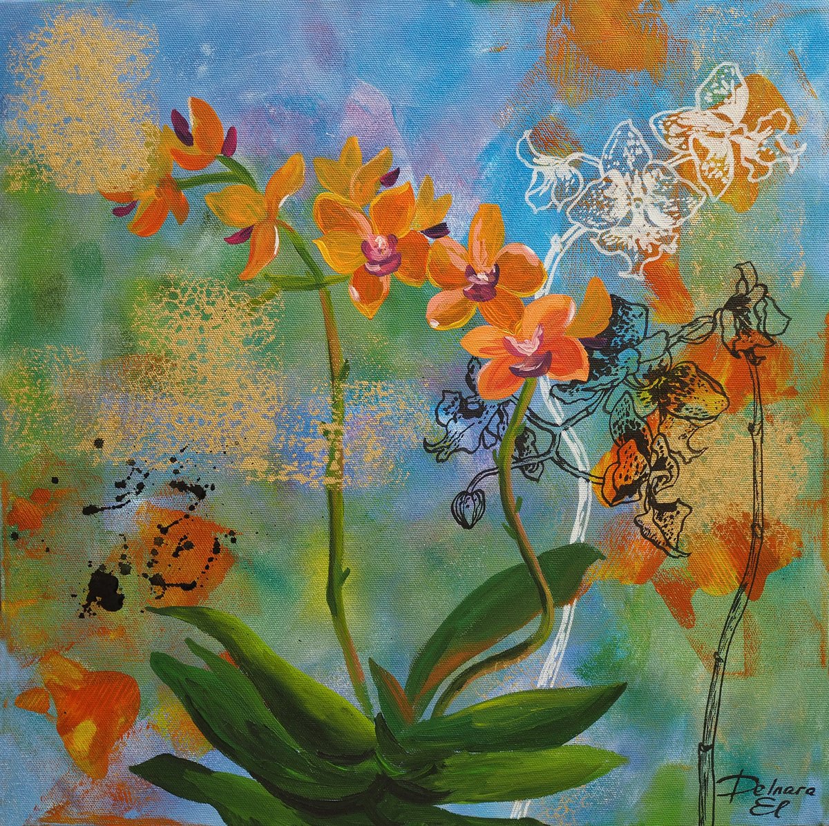 Yellow orchids on abstract background by Delnara El