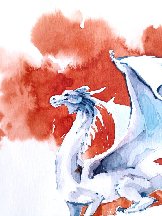 Watercolor sketch "Fabulous gray dragon on a red background" original illustration