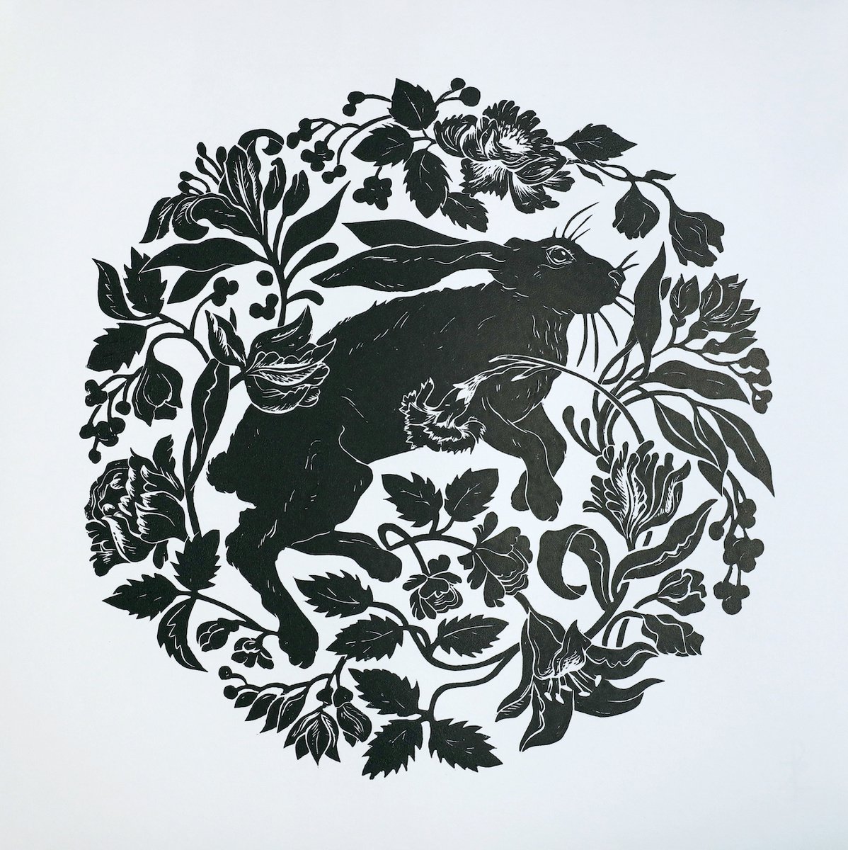 Illustrative Animal Linocut By Melinda Matyas, 15 X 15", Hare In The Flower Garden, Original Artwork