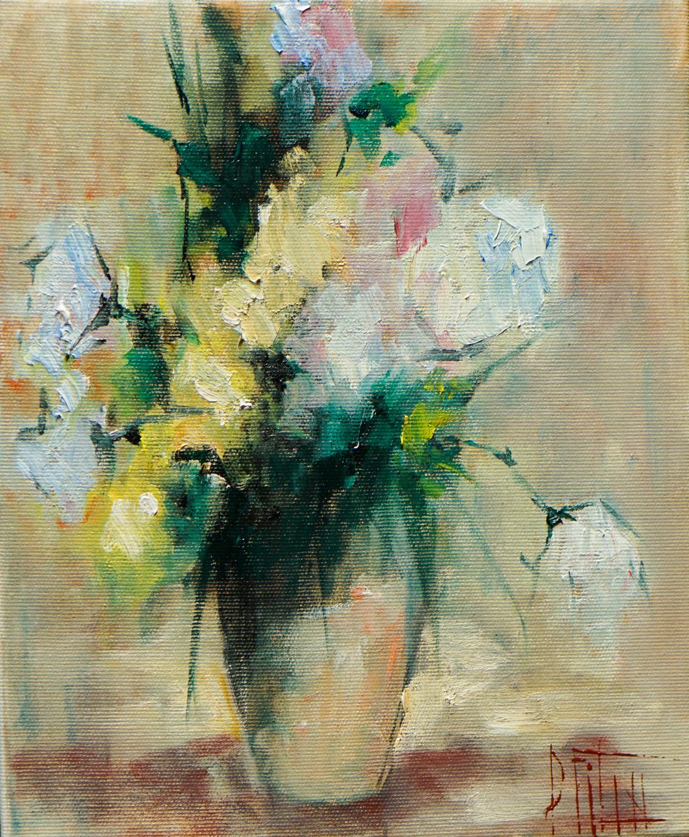 Impressionistic Still Life Oil Painting By Pavel Filin, 10 X 12", My Flowers, Original Artwork