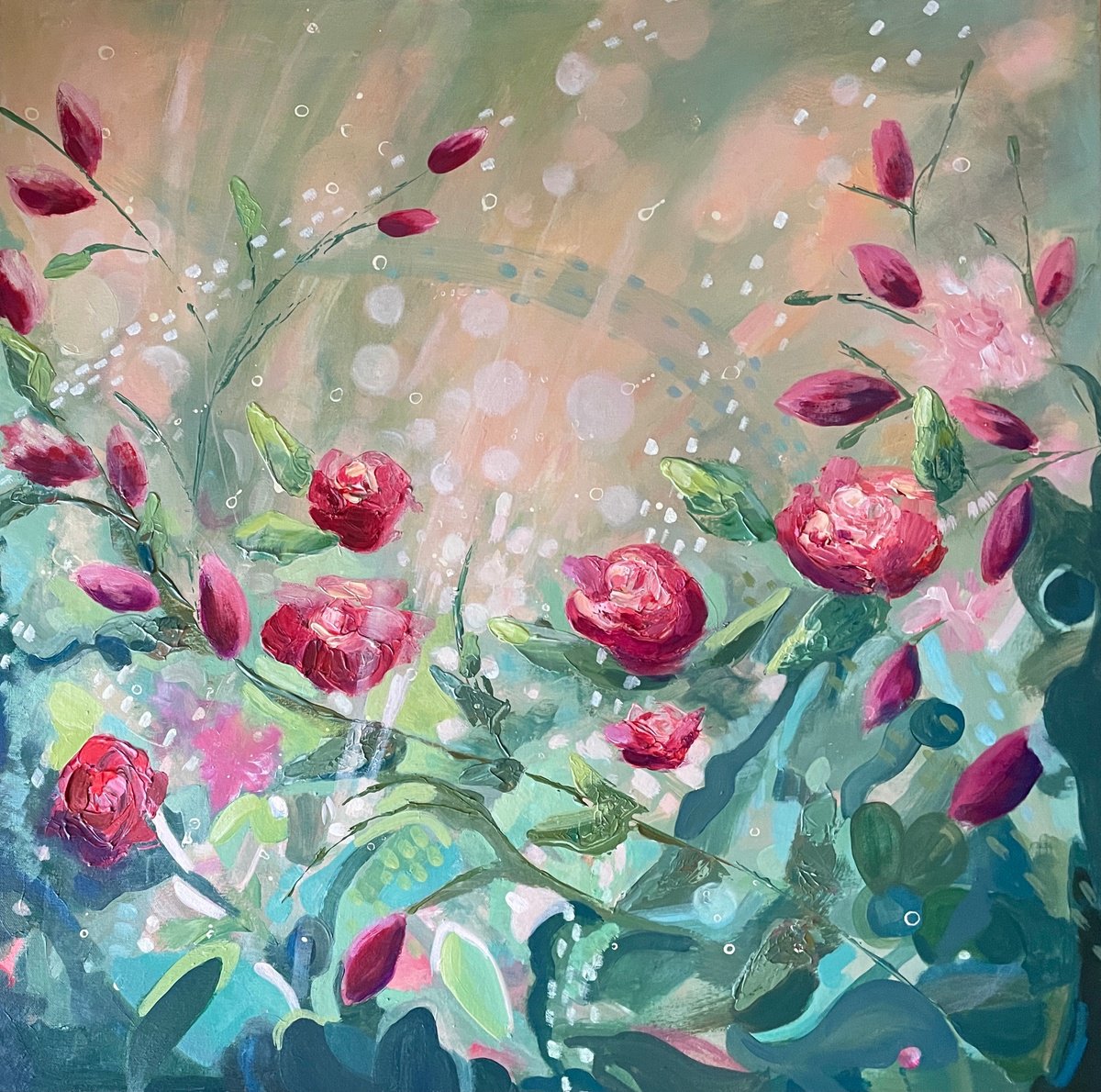 Expressive Botanical Acrylic Painting By Emma Sian Pritchard, 26 X 26, Shimmering Light, Original Artwork