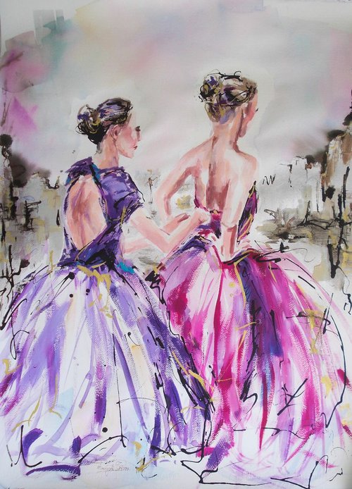 Two Ballerinas  -  Ballerina painting-Ballet painting-ballerina watercolor, mixed media painting on paper by Antigoni Tziora