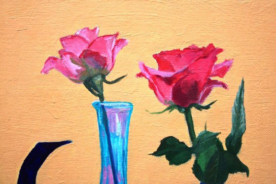Three Blues & Two Pink Roses