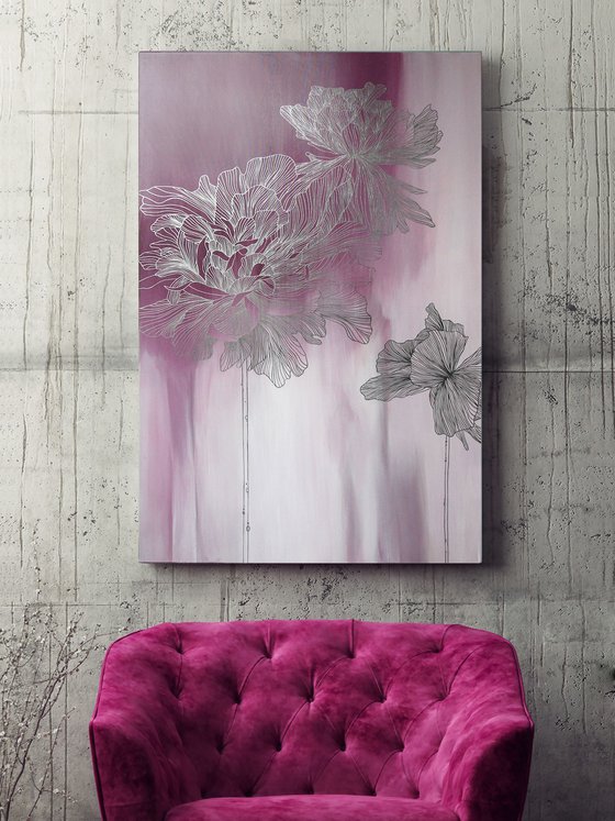 "Pink Thinness 2" Silver flowers abstract art