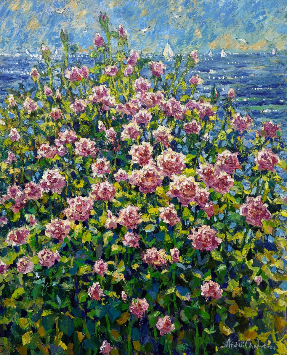 Impressionistic Botanical Oil Painting By Andrii Chebotaru, 41 X 51, Kissed By The Sea, Original Artwork