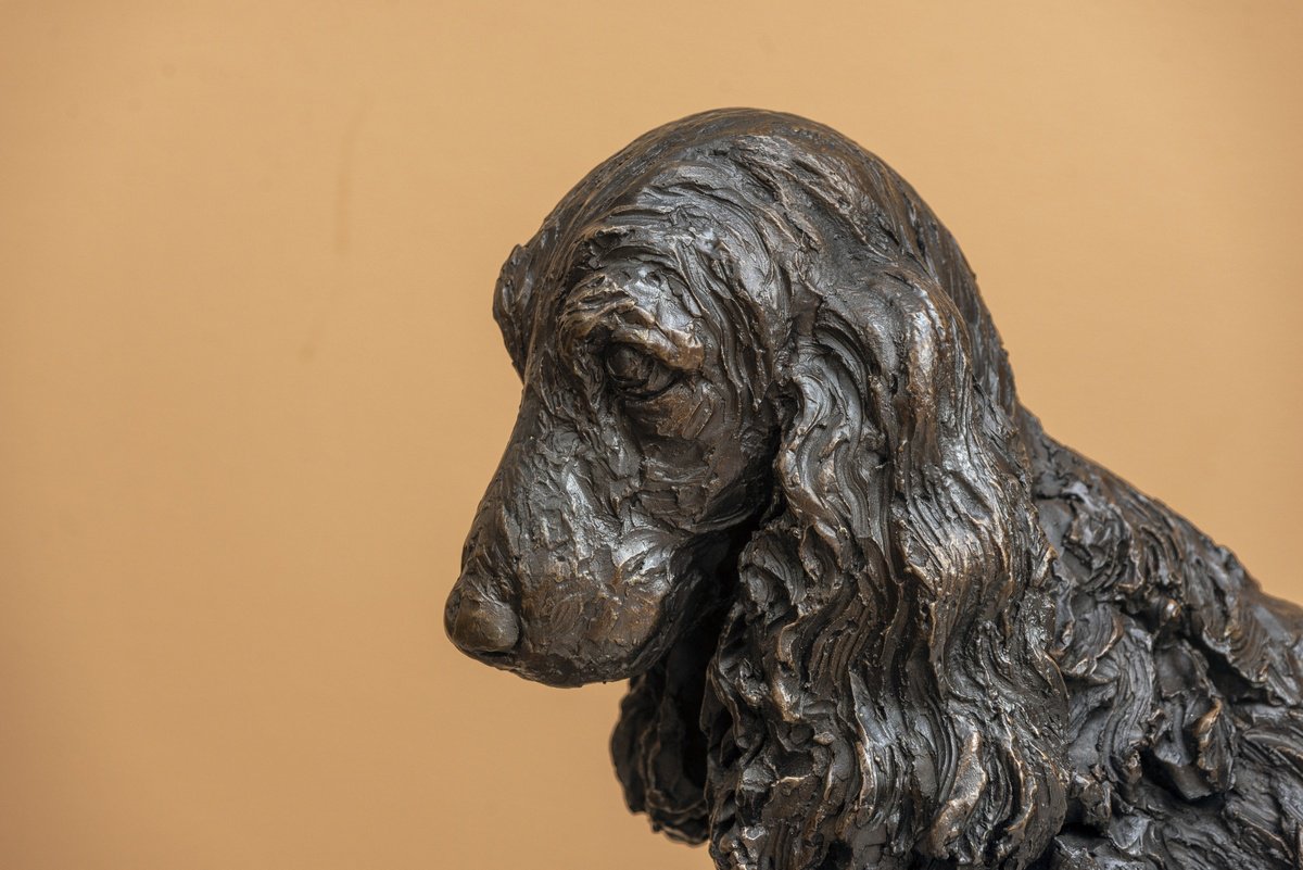 Animal Bronze Sculpture By Tanya Russell, 16 X 18", Sitting Cocker Spaniel Br, Original Artwork