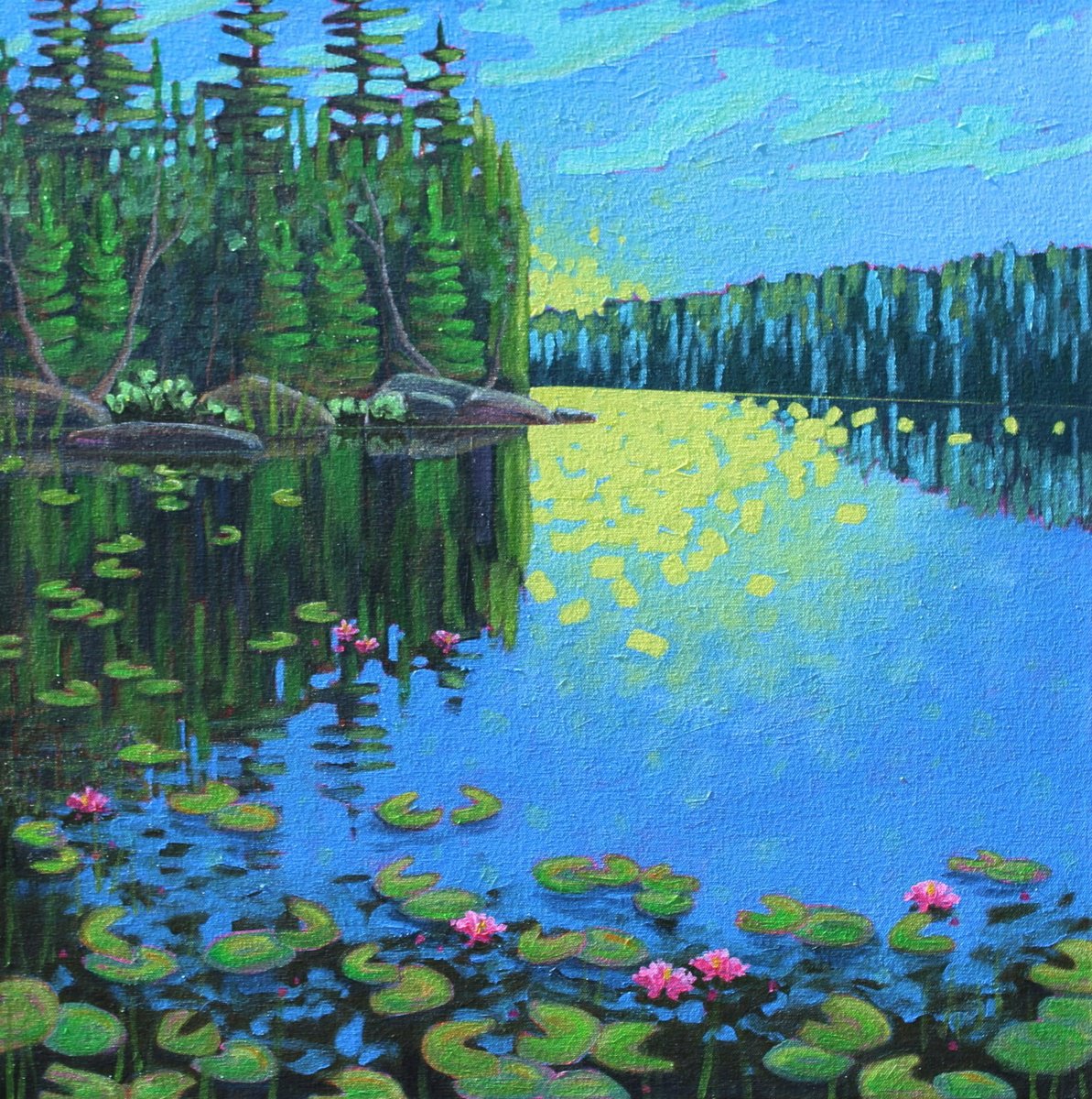 Impressionistic Landscape Acrylic Painting By Sage Mountain Studio, 24 X 24", Lake With Water Lilies, Original Artwork