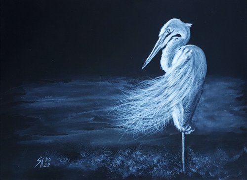 Great egret... White heron... 8x11'' /  ORIGINAL PAINTING by Salana Art Gallery