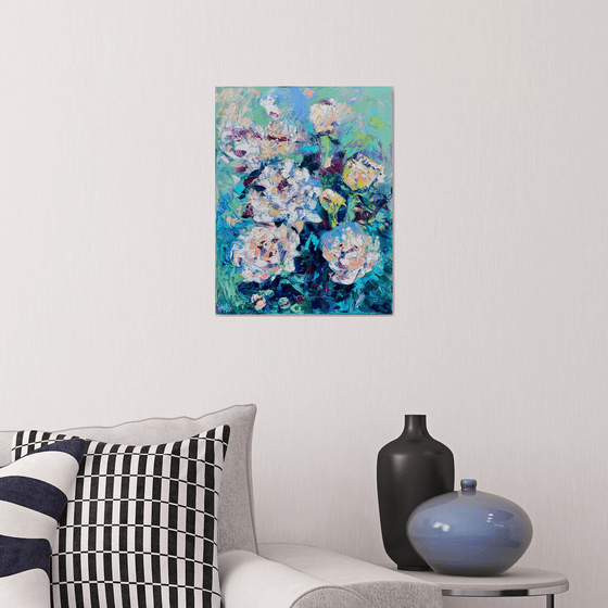 Peony - A summer joy, 35*45cm, impressionistic flowers oil painting in white and turquoise