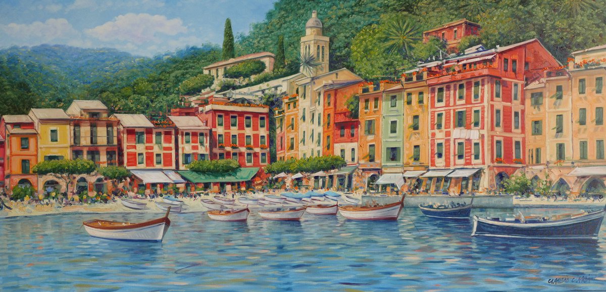 Impressionistic Landscape Oil Painting By Claudio Ciardi, 47 X 24, Portofino, Original Artwork