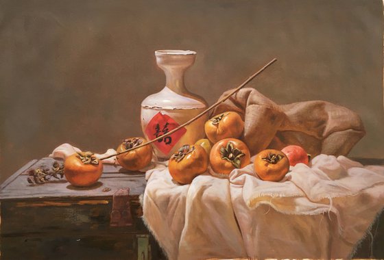 Realism still life painting:China with Persimmons t234