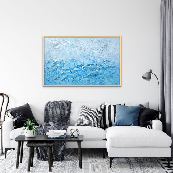 OCEAN SONG. Large Abstract Blue Silver White Textured Painting