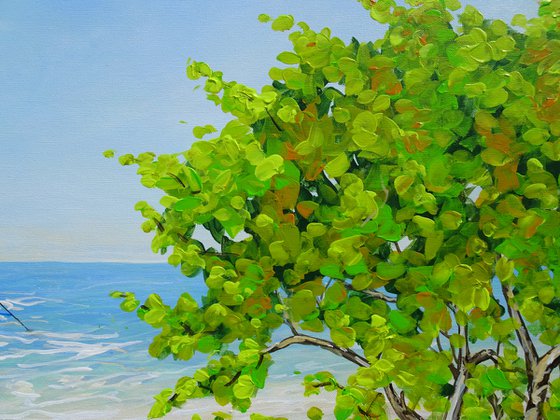 COASTAL PARADISE. SANIBEL ISLAND BEACH. Tropical Island Seascape Painting of Florida Beach and Fishing Boat.