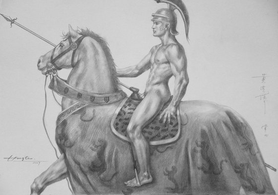 Drawing pencil male nude ride on horse  #17328