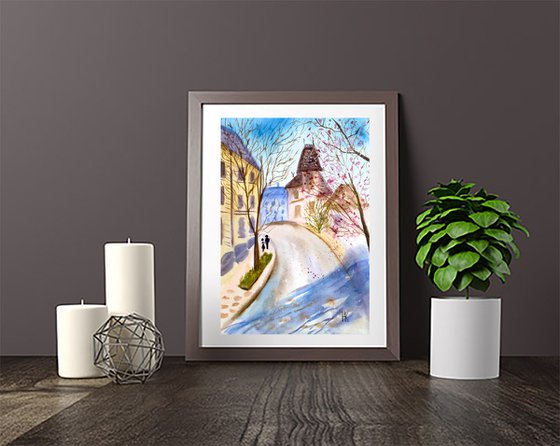 Paris Painting Cityscape Original Art Architecture Watercolor Painting Small Home Wall Art 8 by 12" by Halyna Kirichenko