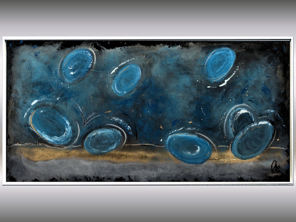 Abstract Acrylic Painting By Edelgard Schroer, 48 X 25, Balloons In Blue, Original Artwork