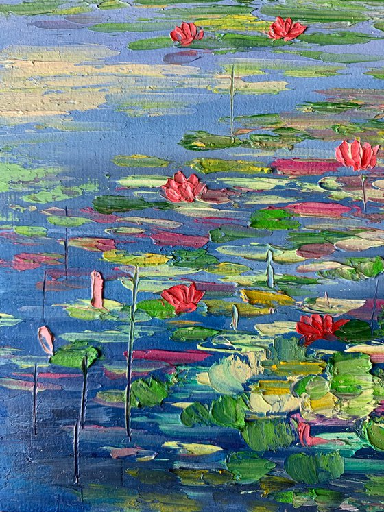 Pink Water lilies pond ! Oil painting on ready to hang canvas