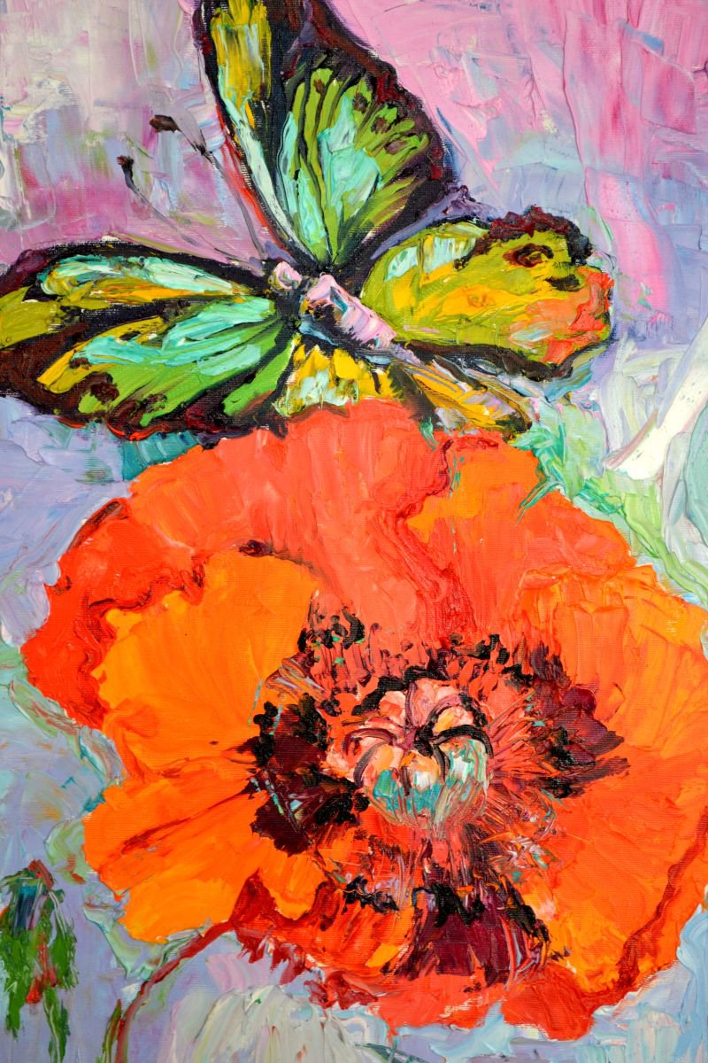 Opium Addiction, Butterfly on Poppy, FREE SHIPPING, Ready to Hang Oil Painting