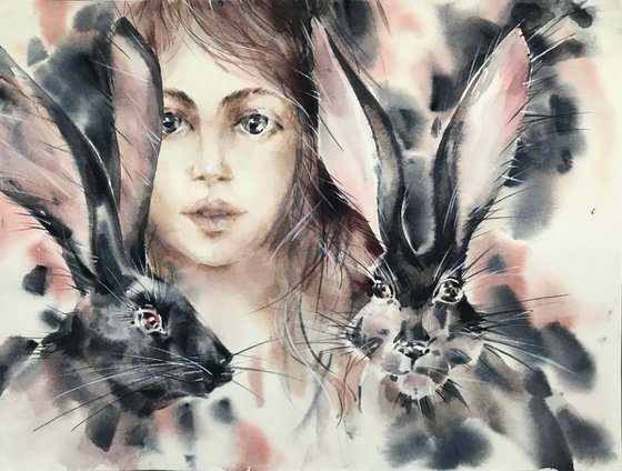 Black rabbits. Black rabbits. Portrait. one of a kind, original painting.