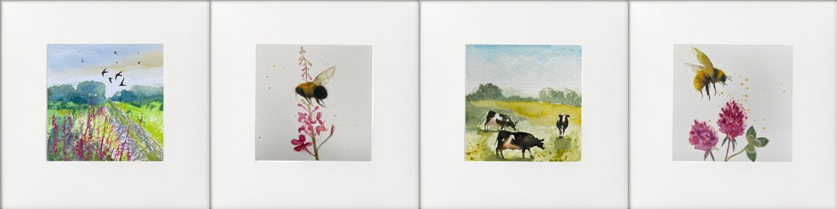 Impressionistic Botanical Watercolour By Teresa Tanner, 36 X 9", Four Countryside Rural Scenes, Original Artwork