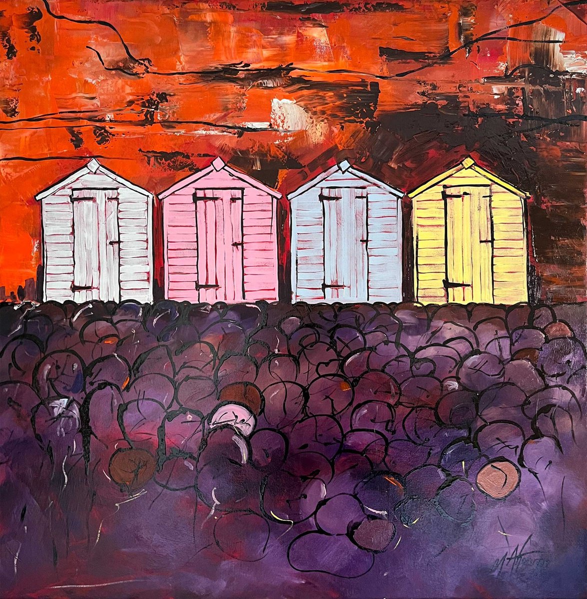 Beach Huts. An Original Oil Painting on Canvas by Michael Ahearne