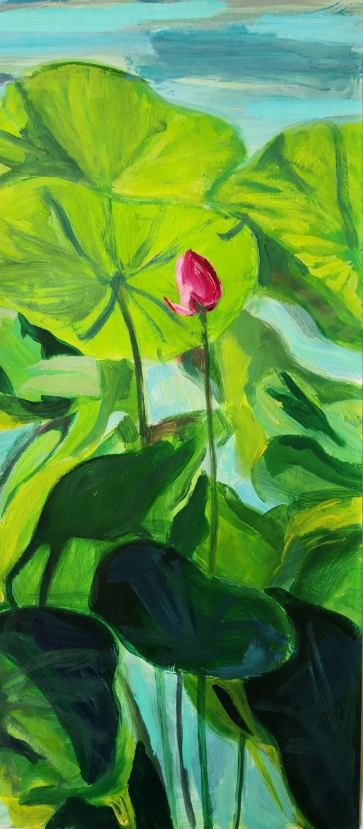 Expressive Botanical Acrylic Painting By Anyck Alvarez Kerloch, 12 X 29, Waterlily #2, Original Artwork